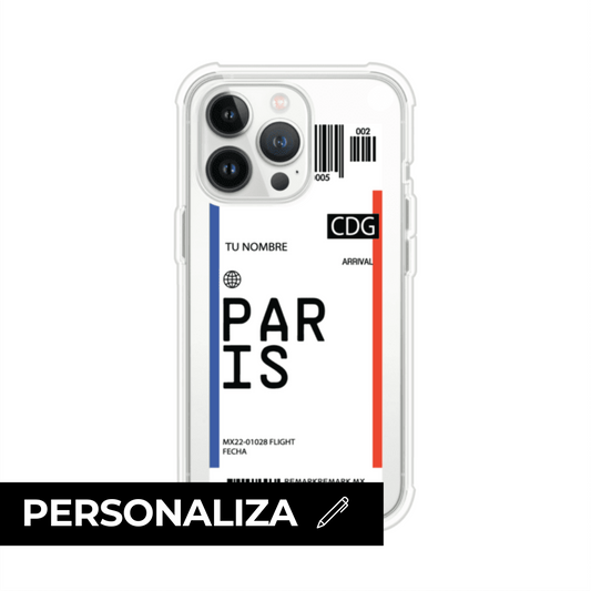 Funda personalizada estilo pase de abordar con diseño de París y código CDG, personalizable con nombre y datos de vuelo; producto de Remark MX para iPhone