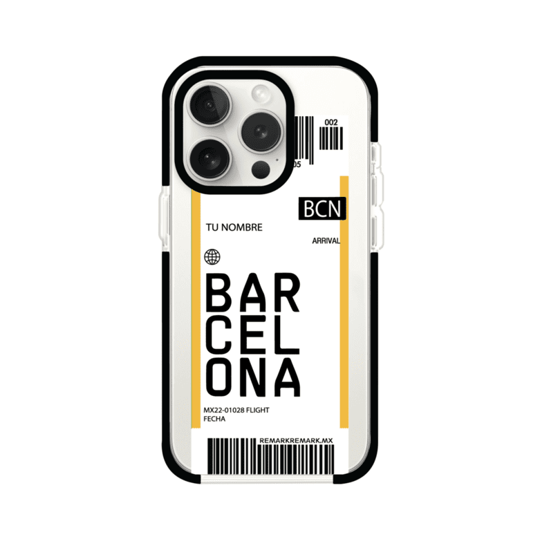 Funda personalizada estilo pase de abordar con diseño de Barcelona y código BCN, personalizable con nombre y datos de vuelo; producto de Remark MX para iPhone