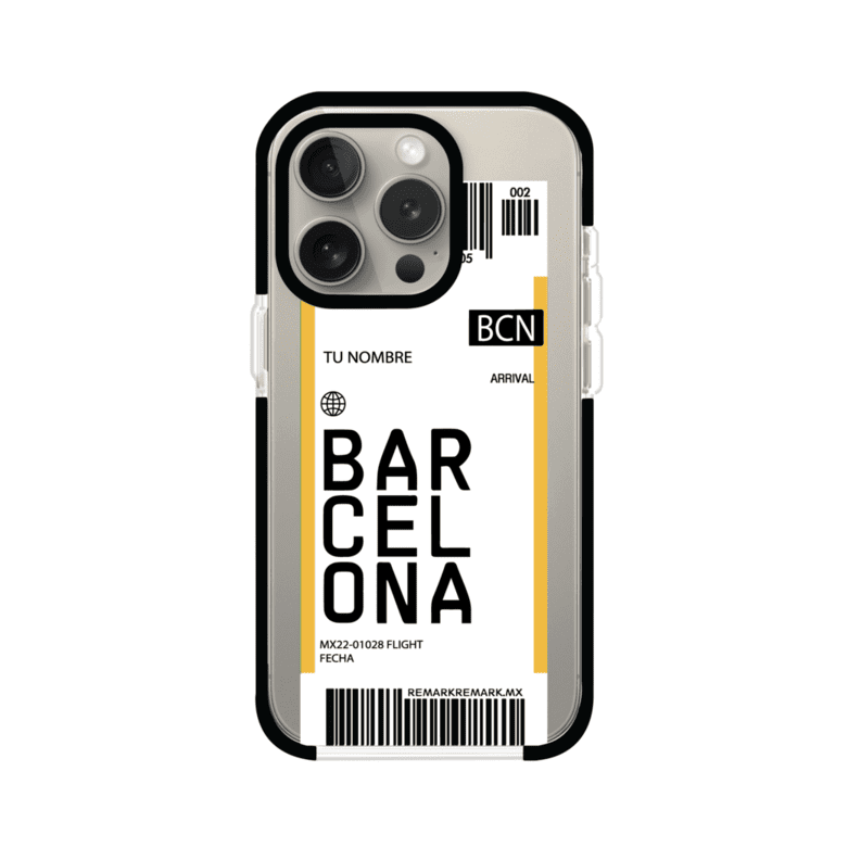 Funda personalizada estilo pase de abordar con diseño de Barcelona y código BCN, personalizable con nombre y datos de vuelo; producto de Remark MX para iPhone