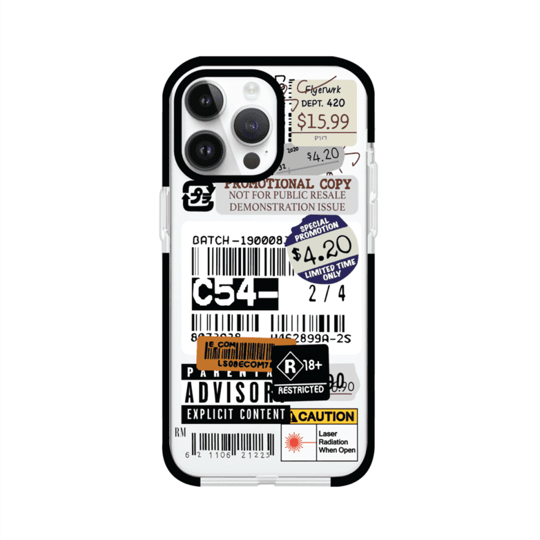 Funda para iPhone con diseño urbano tipo collage de tickets, códigos de barras y etiquetas de advertencia. Ideal para quienes buscan un estilo alternativo y original. Diseño exclusivo de Remark MX