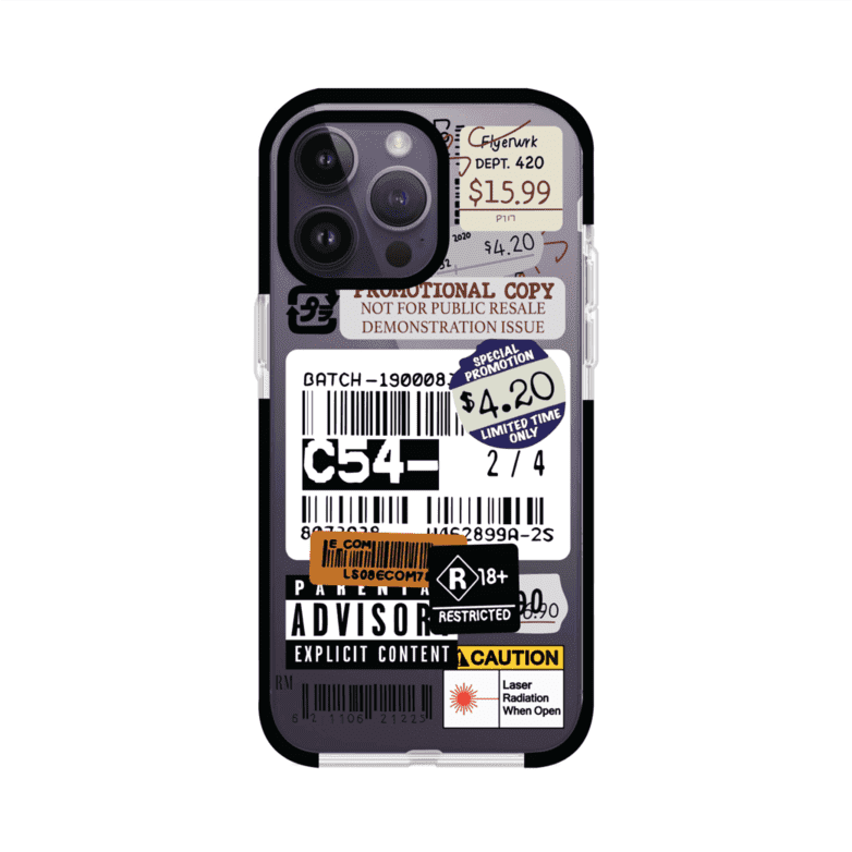 Funda para iPhone con diseño urbano tipo collage de tickets, códigos de barras y etiquetas de advertencia. Ideal para quienes buscan un estilo alternativo y original. Diseño exclusivo de Remark MX