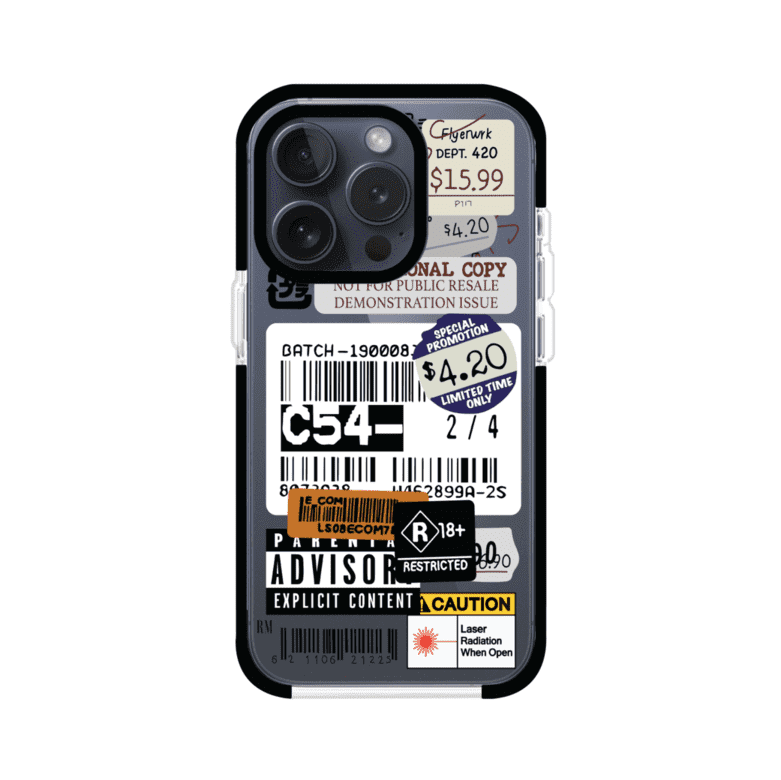 Funda para iPhone con diseño urbano tipo collage de tickets, códigos de barras y etiquetas de advertencia. Ideal para quienes buscan un estilo alternativo y original. Diseño exclusivo de Remark MX