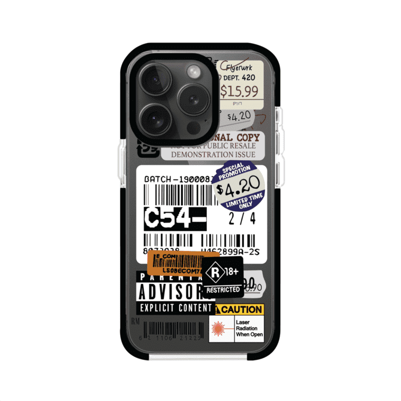 Funda para iPhone con diseño urbano tipo collage de tickets, códigos de barras y etiquetas de advertencia. Ideal para quienes buscan un estilo alternativo y original. Diseño exclusivo de Remark MX