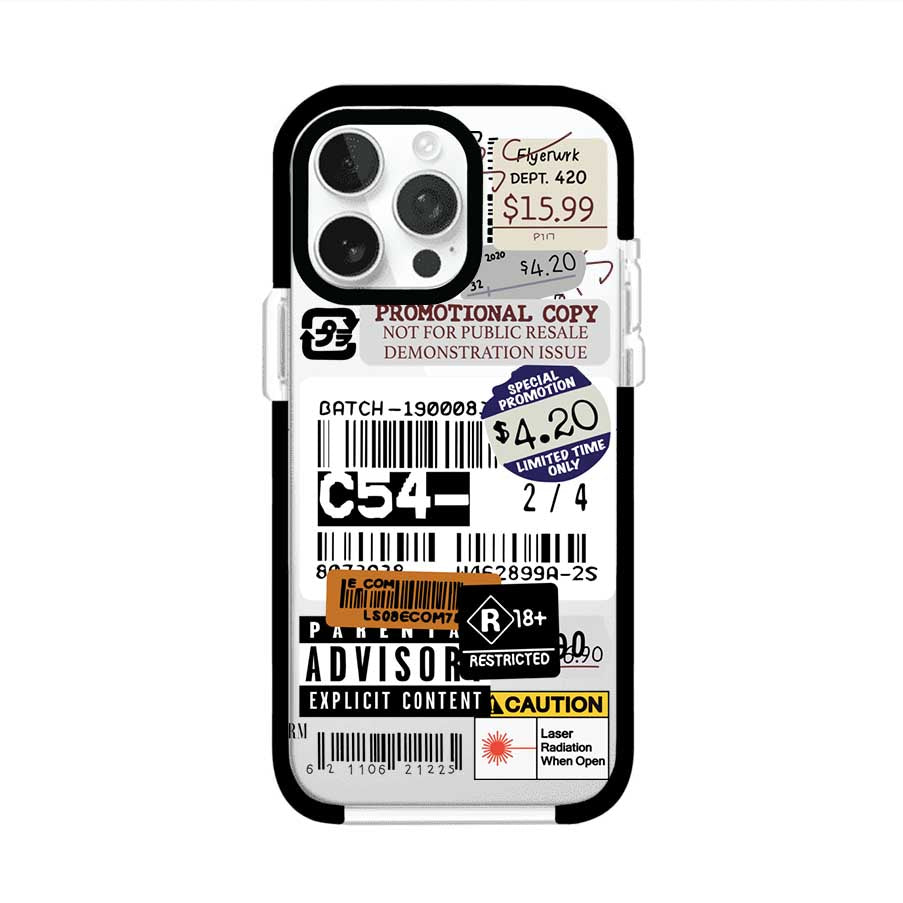 Funda para iPhone con diseño urbano tipo collage de tickets, códigos de barras y etiquetas de advertencia. Ideal para quienes buscan un estilo alternativo y original. Diseño exclusivo de Remark MX