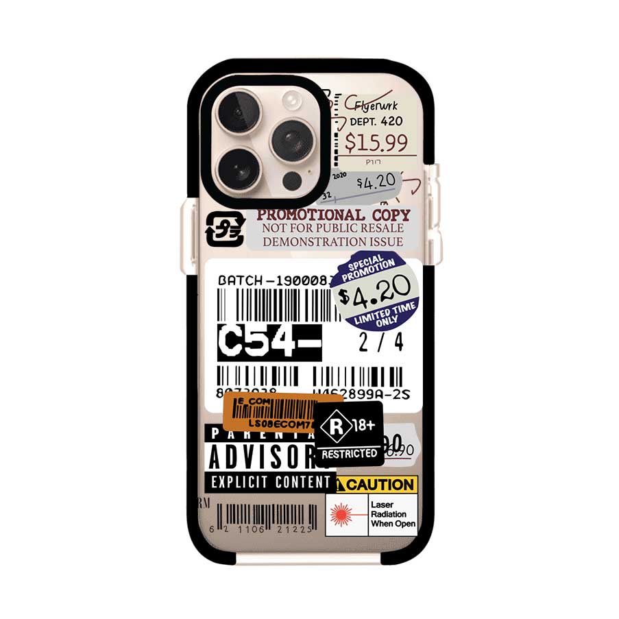 Funda para iPhone con diseño urbano tipo collage de tickets, códigos de barras y etiquetas de advertencia. Ideal para quienes buscan un estilo alternativo y original. Diseño exclusivo de Remark MX