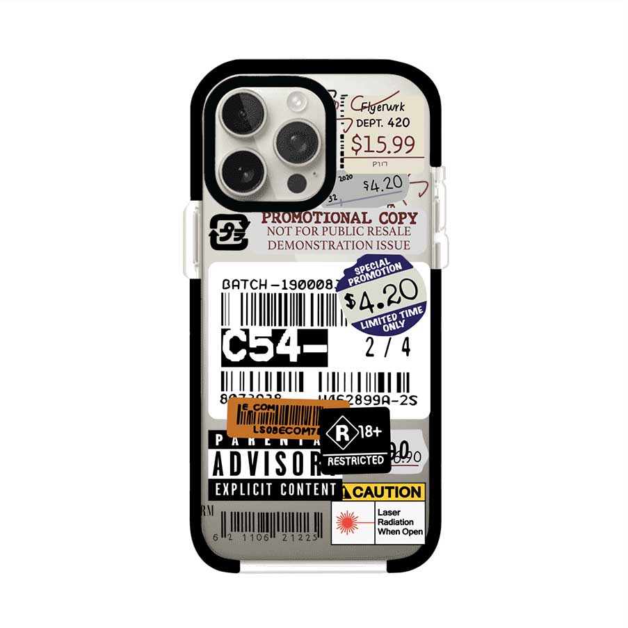 Funda para iPhone con diseño urbano tipo collage de tickets, códigos de barras y etiquetas de advertencia. Ideal para quienes buscan un estilo alternativo y original. Diseño exclusivo de Remark MX