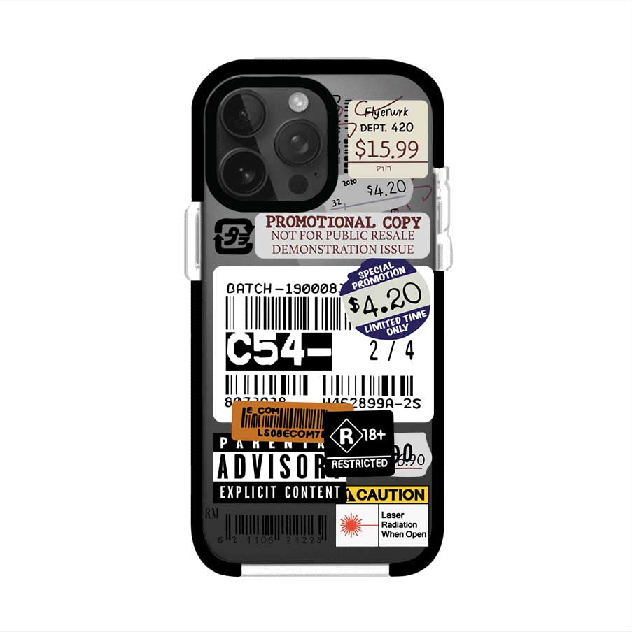 Funda para iPhone con diseño urbano tipo collage de tickets, códigos de barras y etiquetas de advertencia. Ideal para quienes buscan un estilo alternativo y original. Diseño exclusivo de Remark MX