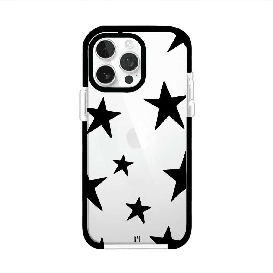 Funda personalizada para iPhone con diseño minimalista de estrellas negras sobre fondo transparente, estilo Black Stars de Remark MX