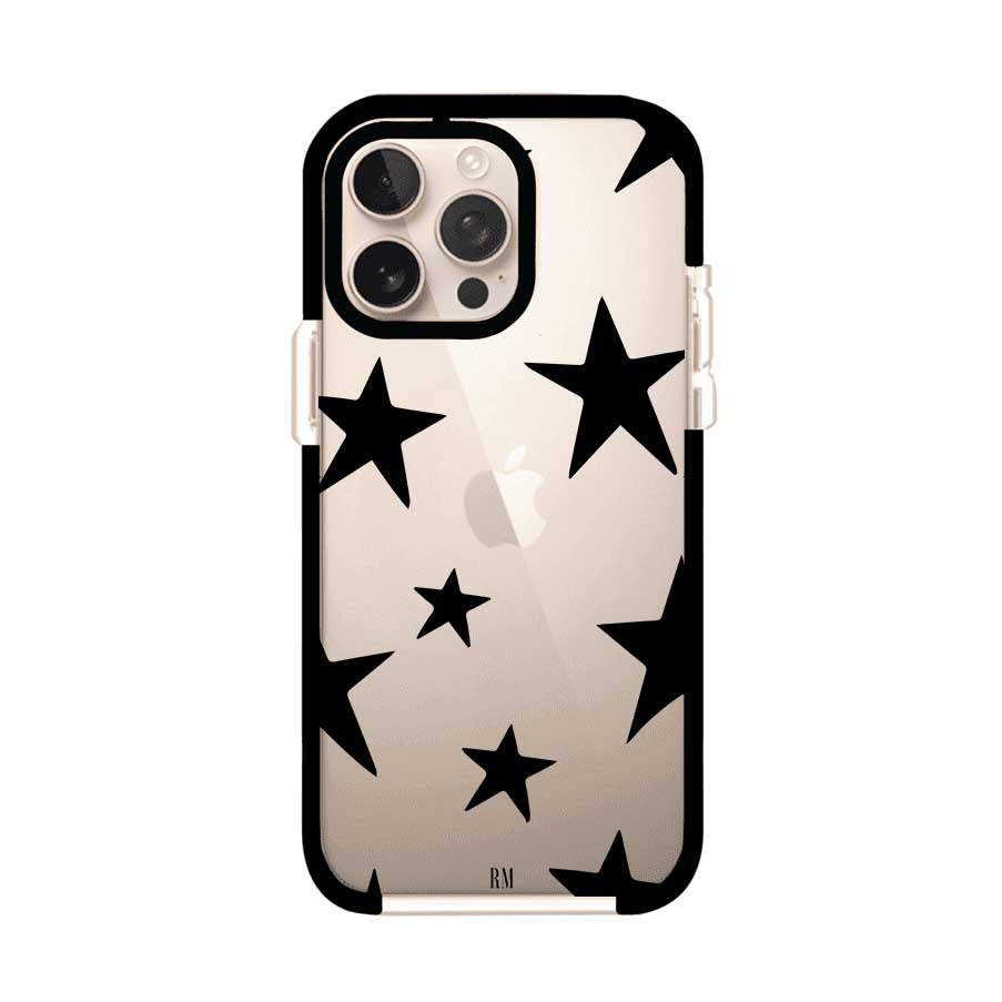 Funda personalizada para iPhone con diseño minimalista de estrellas negras sobre fondo transparente, estilo Black Stars de Remark MX