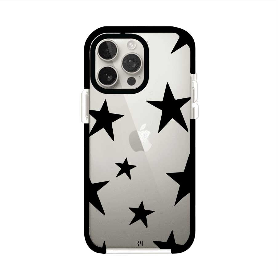 Funda personalizada para iPhone con diseño minimalista de estrellas negras sobre fondo transparente, estilo Black Stars de Remark MX