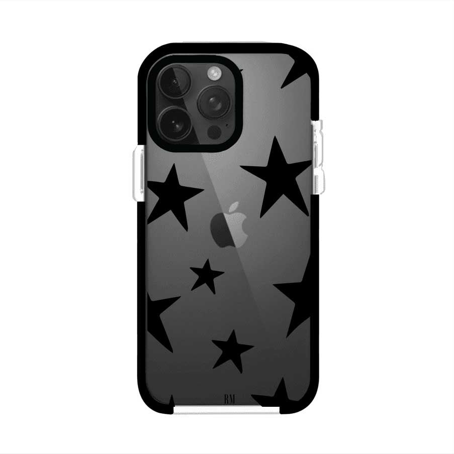 Funda personalizada para iPhone con diseño minimalista de estrellas negras sobre fondo transparente, estilo Black Stars de Remark MX