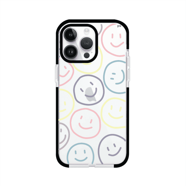 Funda personalizada para iPhone con diseño de caritas felices o happy faces en colores pastel, ideal para un estilo divertido y colorido; producto de Remark MX