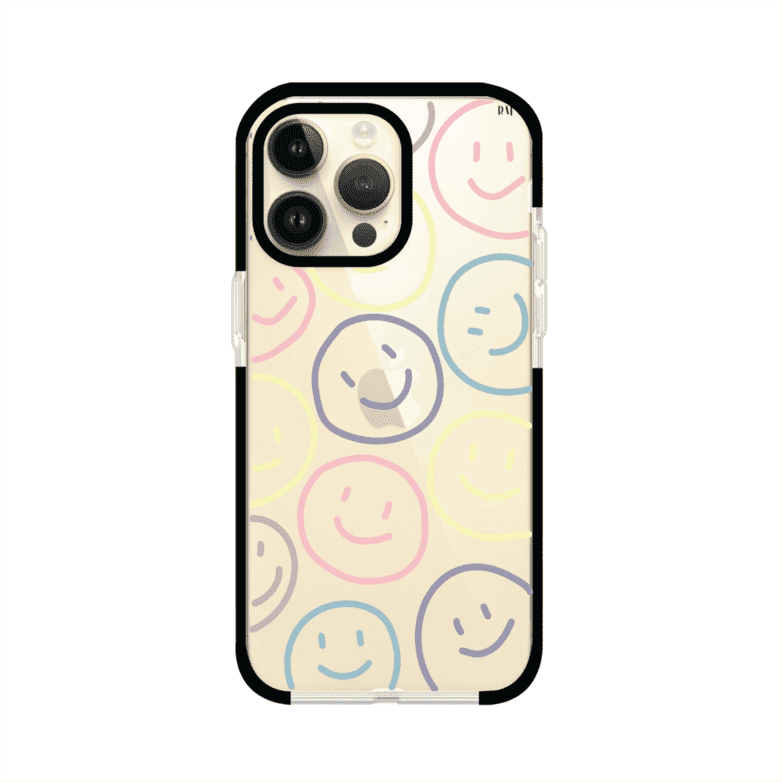 Funda personalizada para iPhone con diseño de caritas felices o happy faces en colores pastel, ideal para un estilo divertido y colorido; producto de Remark MX
