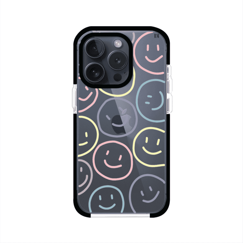 Funda personalizada para iPhone con diseño de caritas felices o happy faces en colores pastel, ideal para un estilo divertido y colorido; producto de Remark MX