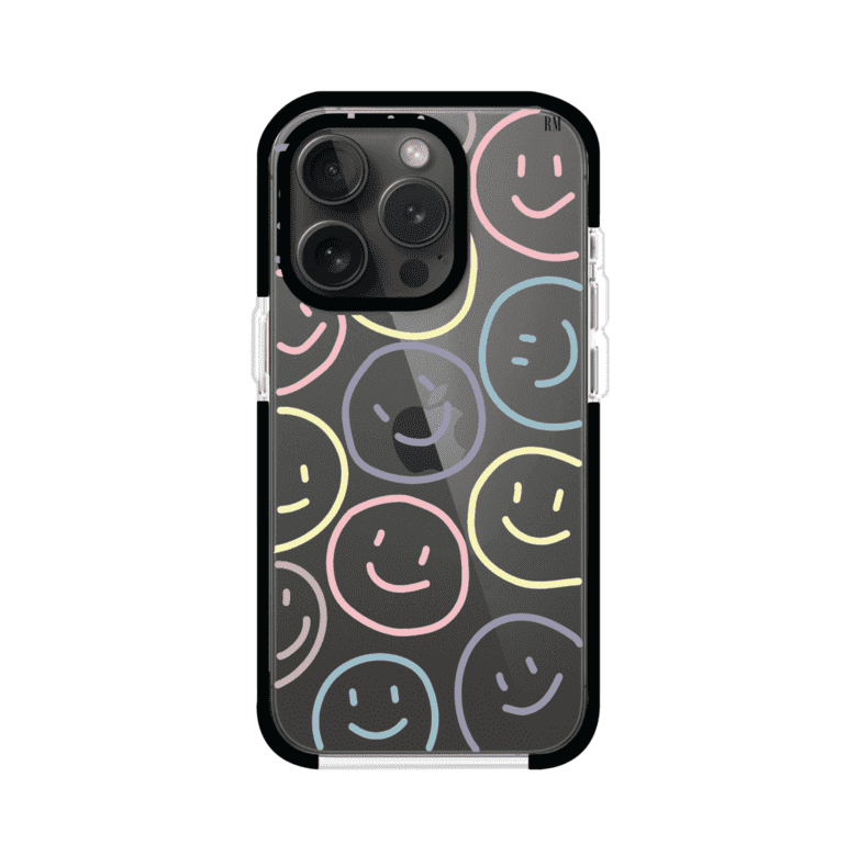 Funda personalizada para iPhone con diseño de caritas felices o happy faces en colores pastel, ideal para un estilo divertido y colorido; producto de Remark MX