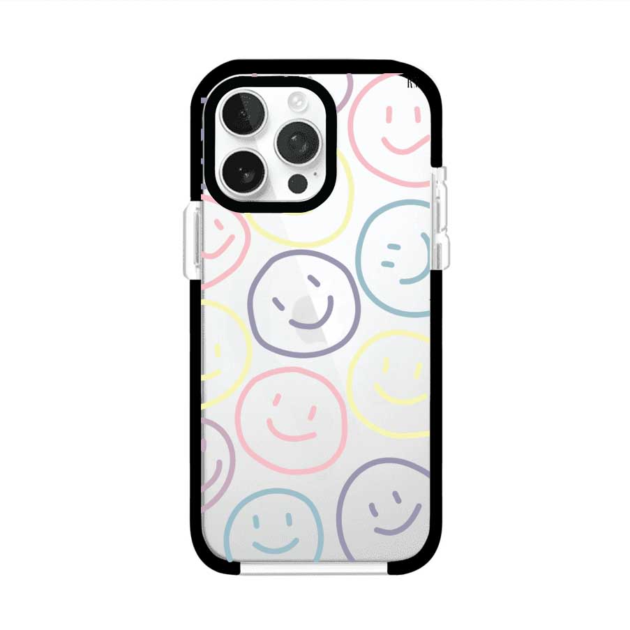 Funda personalizada para iPhone con diseño de caritas felices o happy faces en colores pastel, ideal para un estilo divertido y colorido; producto de Remark MX
