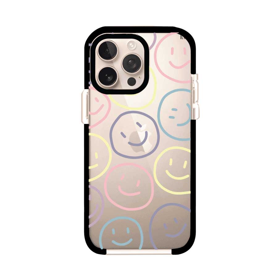 Funda personalizada para iPhone con diseño de caritas felices o happy faces en colores pastel, ideal para un estilo divertido y colorido; producto de Remark MX