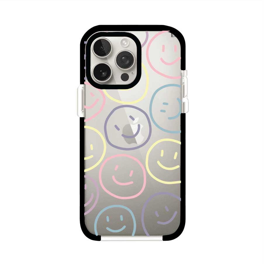 Funda personalizada para iPhone con diseño de caritas felices o happy faces en colores pastel, ideal para un estilo divertido y colorido; producto de Remark MX