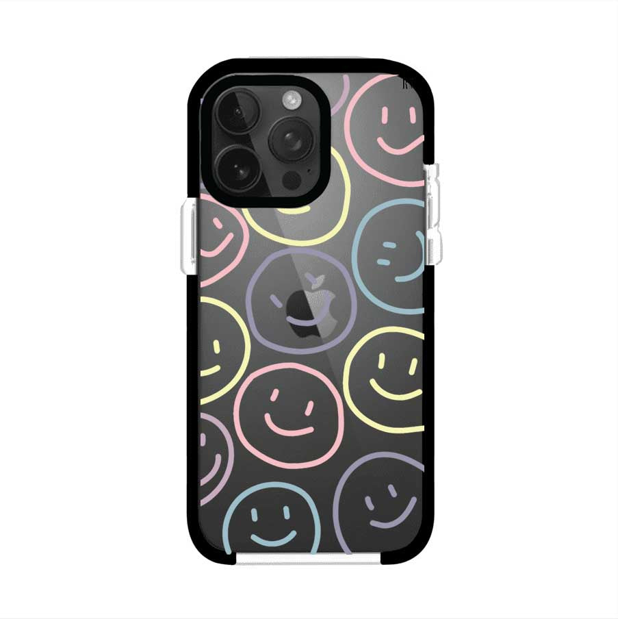 Funda personalizada para iPhone con diseño de caritas felices o happy faces en colores pastel, ideal para un estilo divertido y colorido; producto de Remark MX