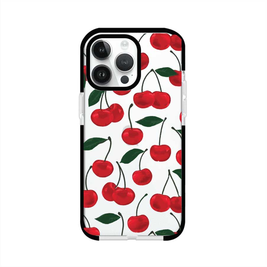 Funda personalizada para iPhone con diseño aesthetic de cerezas (cherries) rojas sobre fondo rosa, ideal para un estilo juvenil y divertido. Producto de Remark MX