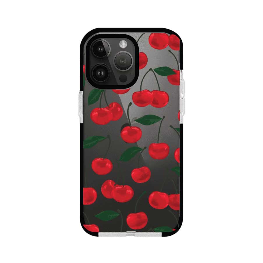 Funda personalizada para iPhone con diseño aesthetic de cerezas (cherries) rojas sobre fondo rosa, ideal para un estilo juvenil y divertido. Producto de Remark MX