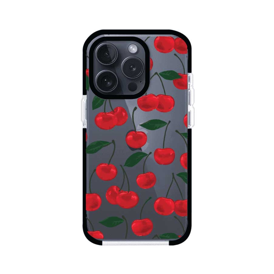 Funda personalizada para iPhone con diseño aesthetic de cerezas (cherries) rojas sobre fondo rosa, ideal para un estilo juvenil y divertido. Producto de Remark MX