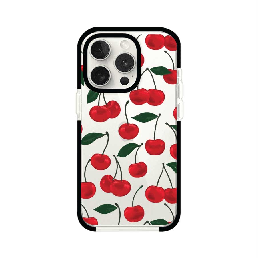 Funda personalizada para iPhone con diseño aesthetic de cerezas (cherries) rojas sobre fondo rosa, ideal para un estilo juvenil y divertido. Producto de Remark MX