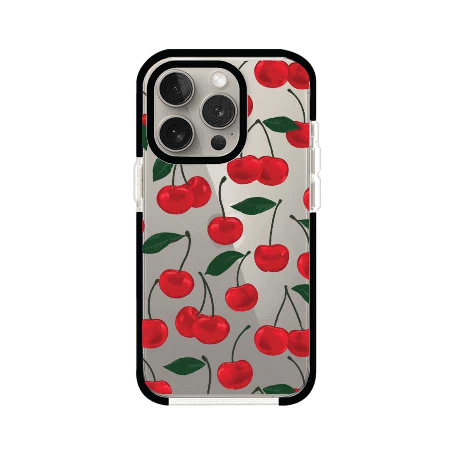 Funda personalizada para iPhone con diseño aesthetic de cerezas (cherries) rojas sobre fondo rosa, ideal para un estilo juvenil y divertido. Producto de Remark MX
