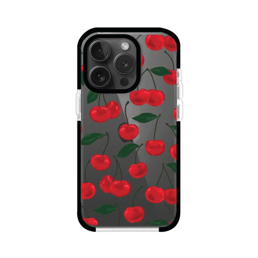 Funda personalizada para iPhone con diseño aesthetic de cerezas (cherries) rojas sobre fondo rosa, ideal para un estilo juvenil y divertido. Producto de Remark MX