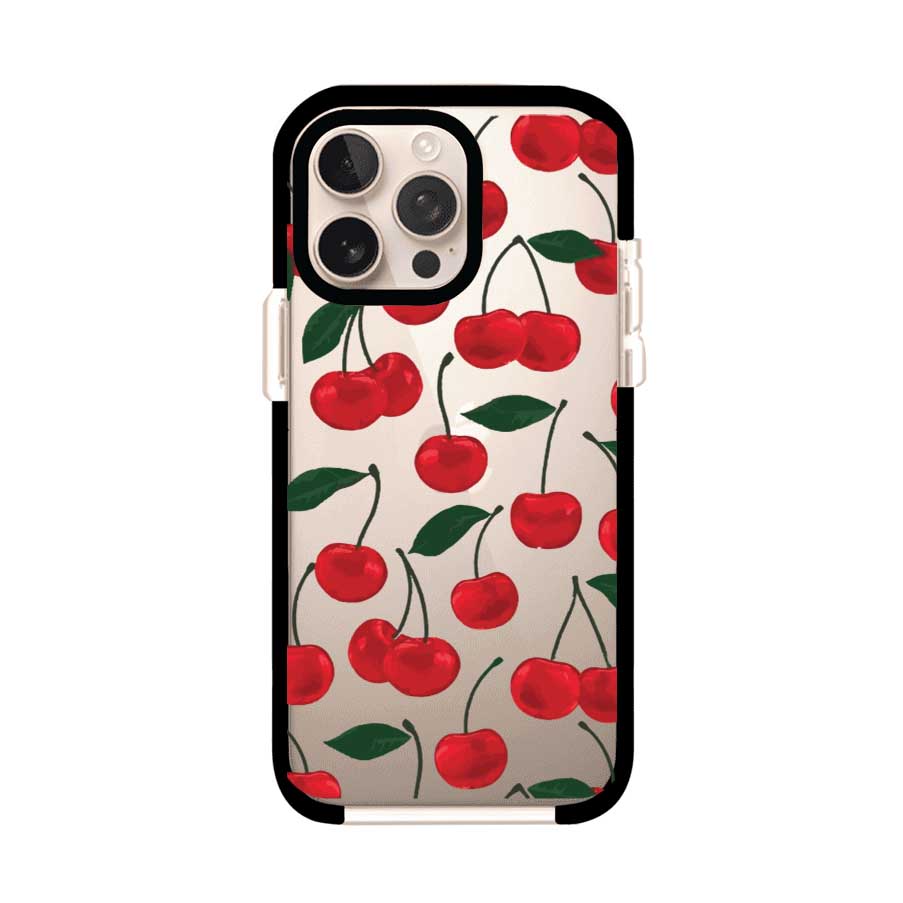 Funda personalizada para iPhone con diseño aesthetic de cerezas (cherries) rojas sobre fondo rosa, ideal para un estilo juvenil y divertido. Producto de Remark MX