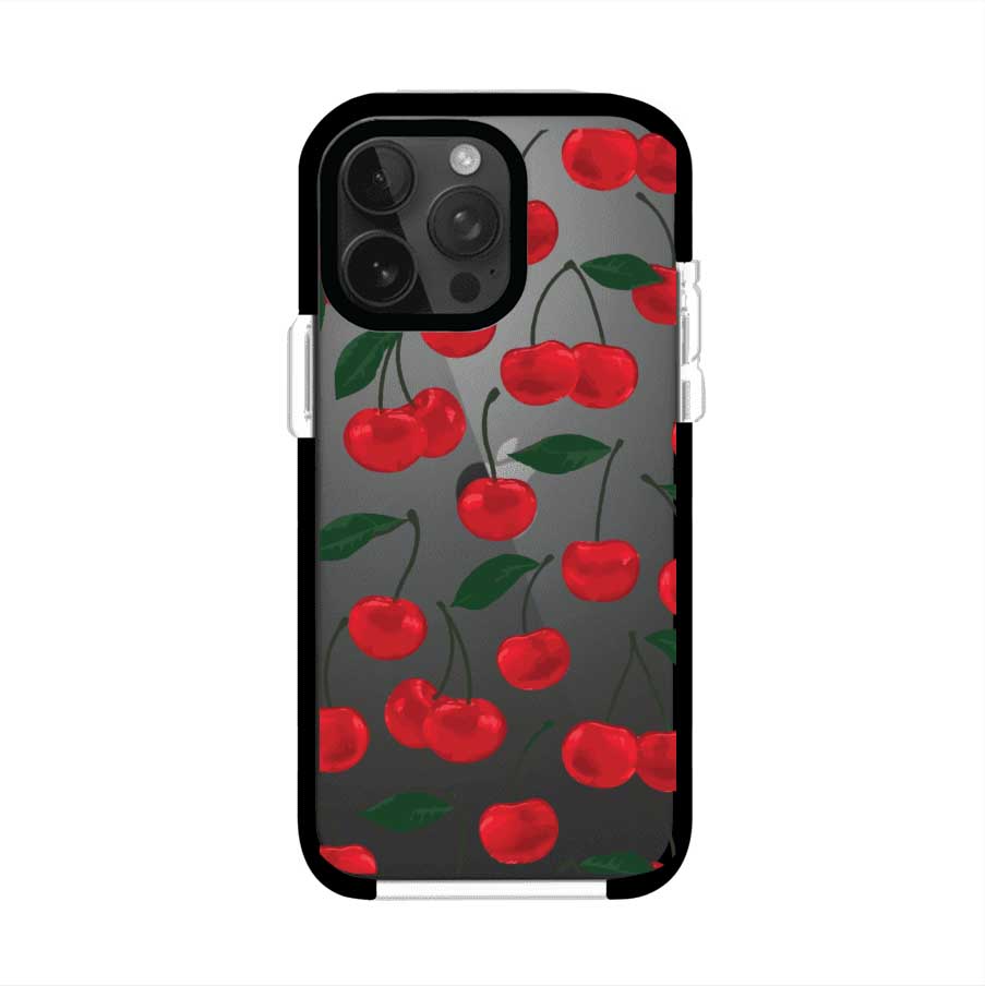 Funda personalizada para iPhone con diseño aesthetic de cerezas (cherries) rojas sobre fondo rosa, ideal para un estilo juvenil y divertido. Producto de Remark MX