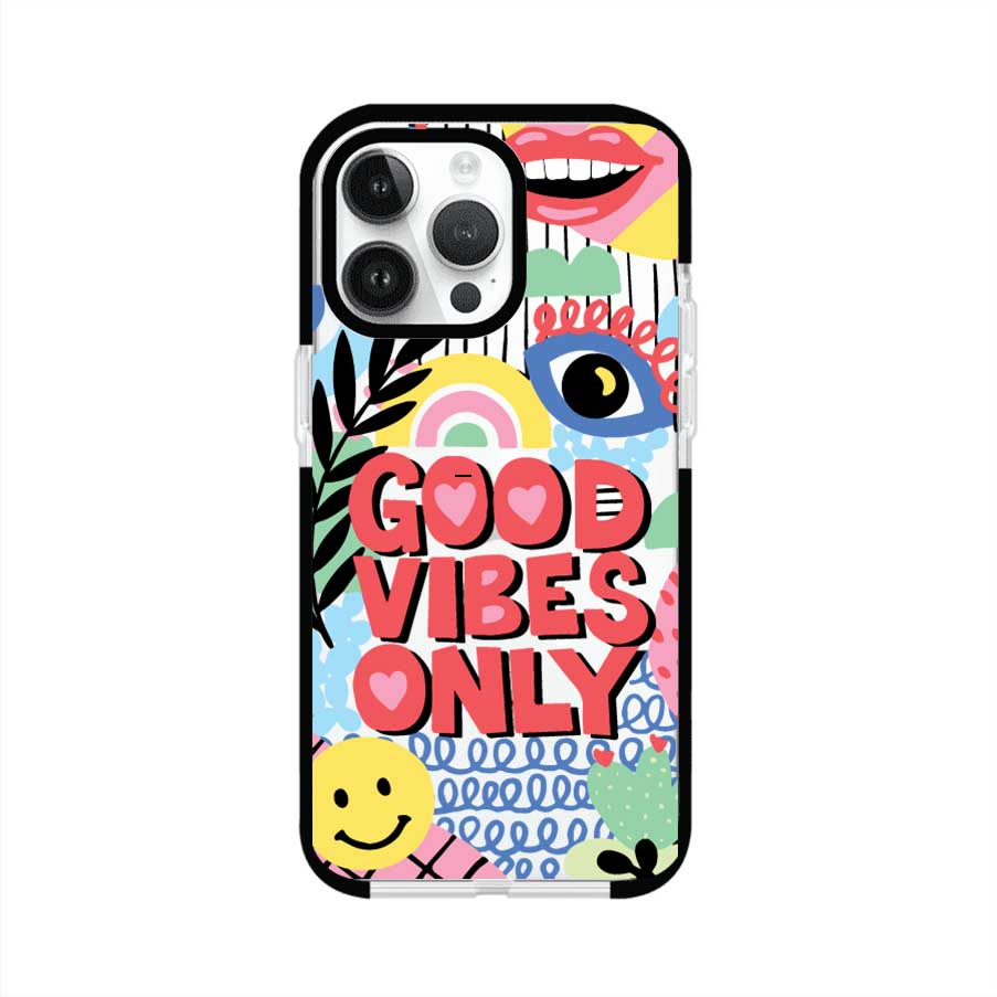 Funda personalizada para iPhone con diseño colorido estilo pop art y frase Good Vibes Only. Ideal para expresar energía positiva. Producto de Remark MX