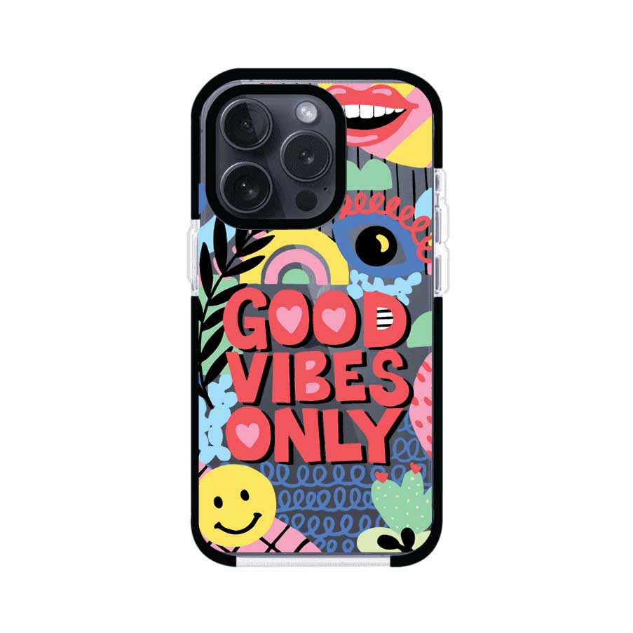 Funda personalizada para iPhone con diseño colorido estilo pop art y frase Good Vibes Only. Ideal para expresar energía positiva. Producto de Remark MX