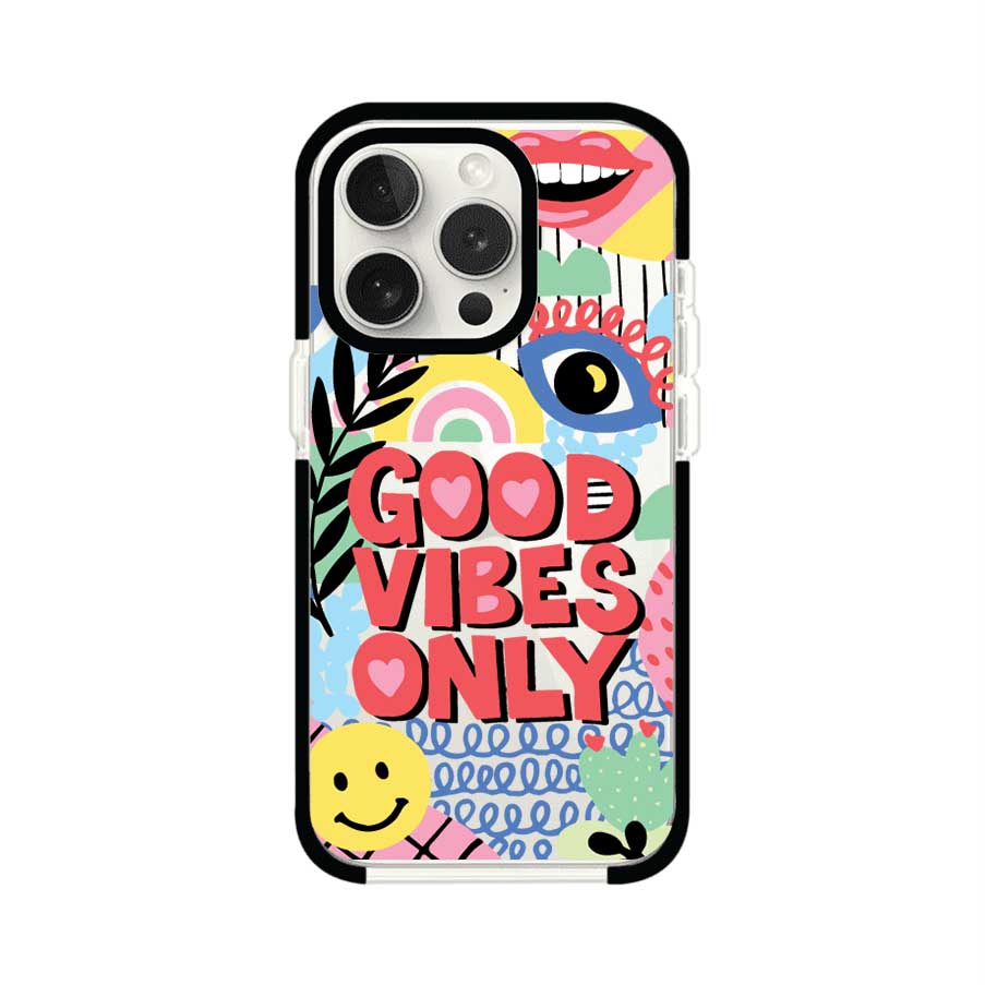 Funda personalizada para iPhone con diseño colorido estilo pop art y frase Good Vibes Only. Ideal para expresar energía positiva. Producto de Remark MX