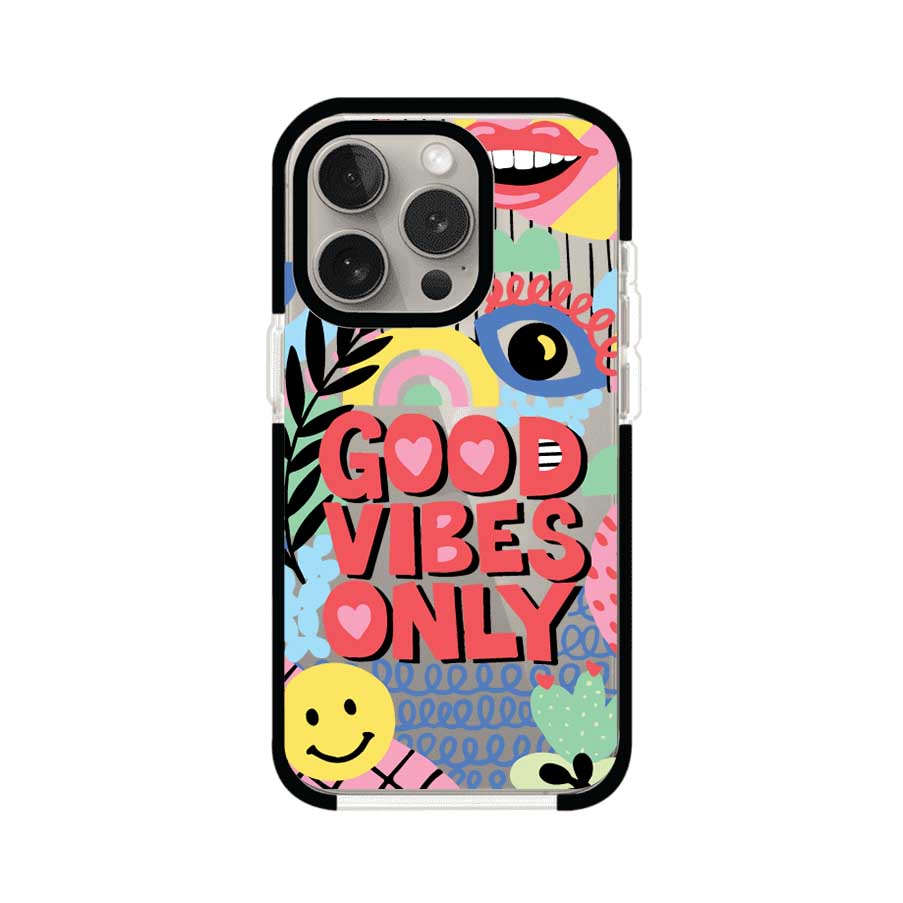 Funda personalizada para iPhone con diseño colorido estilo pop art y frase Good Vibes Only. Ideal para expresar energía positiva. Producto de Remark MX