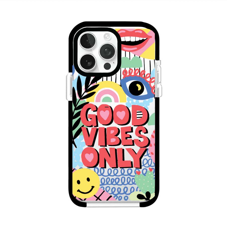Funda personalizada para iPhone con diseño colorido estilo pop art y frase Good Vibes Only. Ideal para expresar energía positiva. Producto de Remark MX