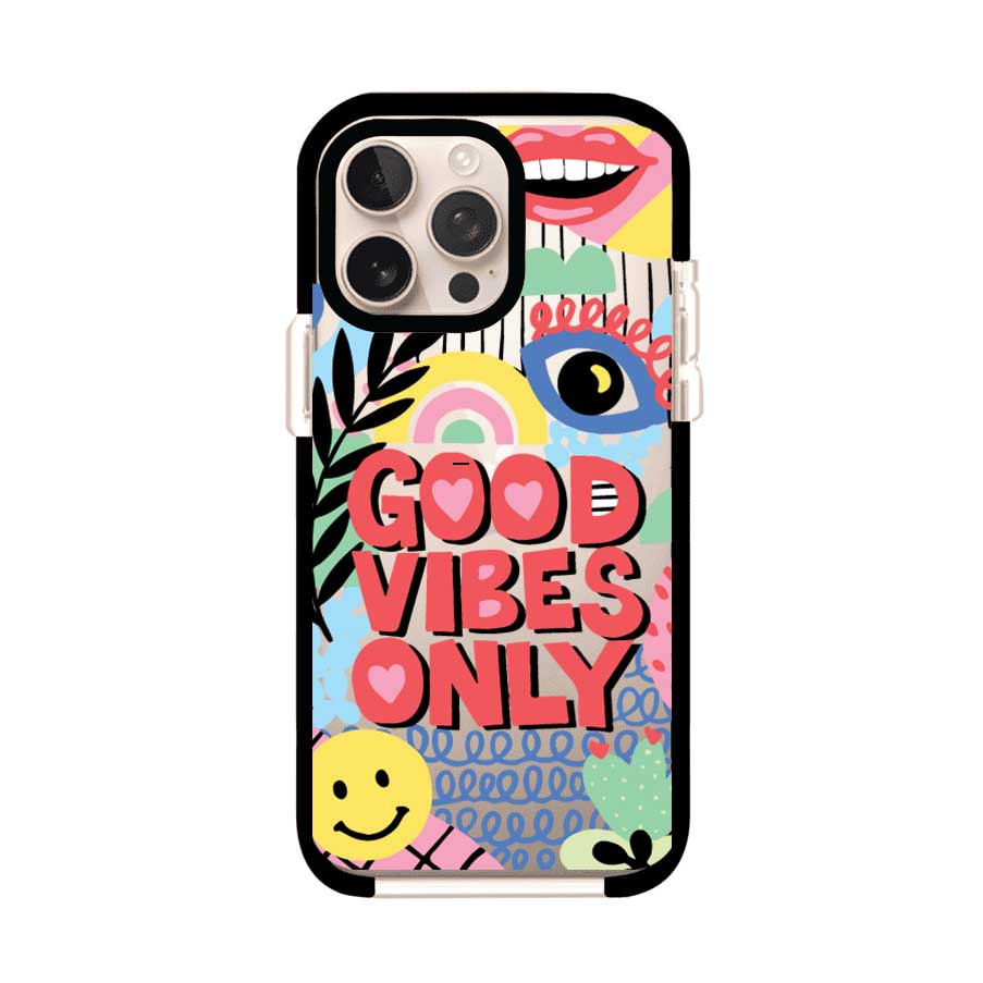 Funda personalizada para iPhone con diseño colorido estilo pop art y frase Good Vibes Only. Ideal para expresar energía positiva. Producto de Remark MX