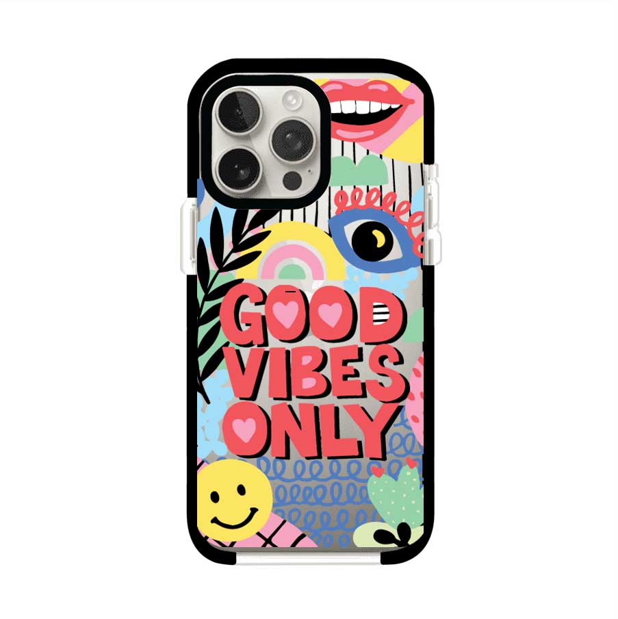 Funda personalizada para iPhone con diseño colorido estilo pop art y frase Good Vibes Only. Ideal para expresar energía positiva. Producto de Remark MX