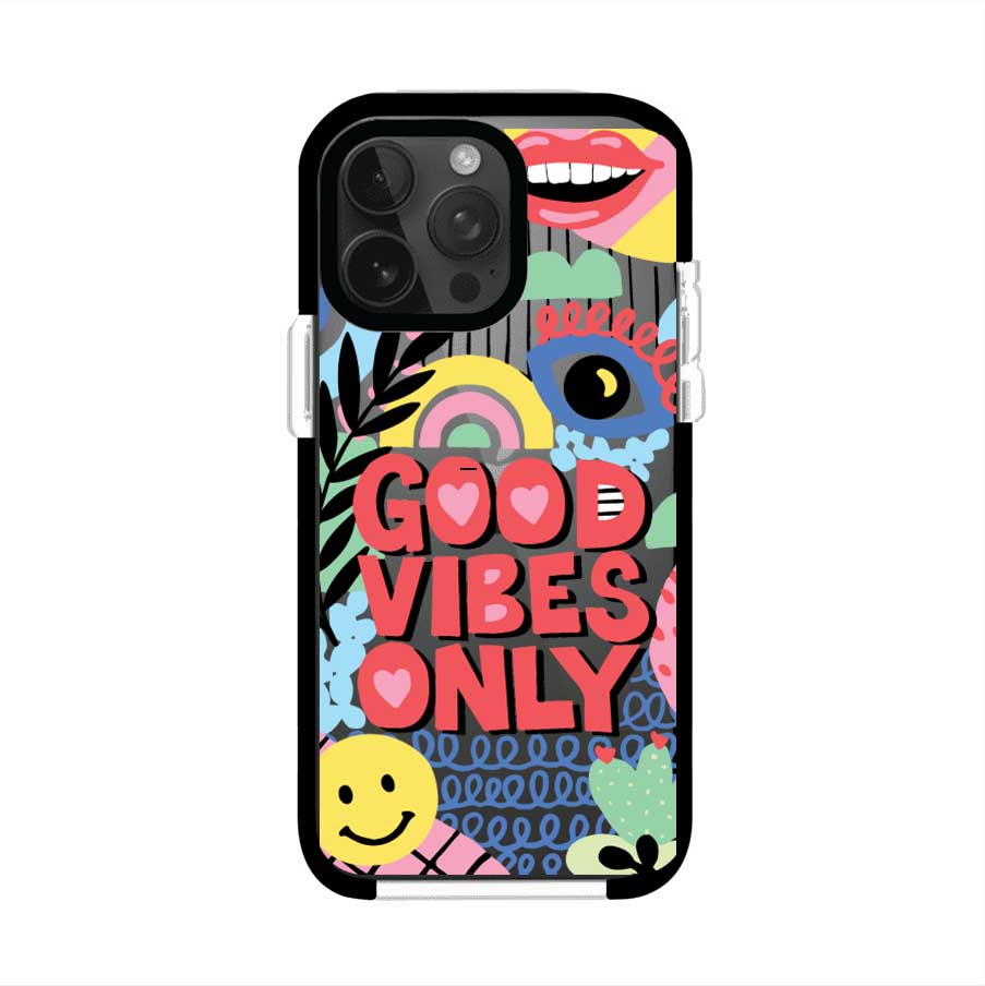 Funda personalizada para iPhone con diseño colorido estilo pop art y frase Good Vibes Only. Ideal para expresar energía positiva. Producto de Remark MX