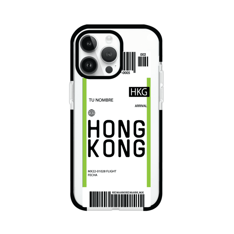 Funda personalizada estilo pase de abordar con diseño de Hong Kong y código HKG, personalizable con nombre y datos de vuelo; producto de Remark MX para iPhone