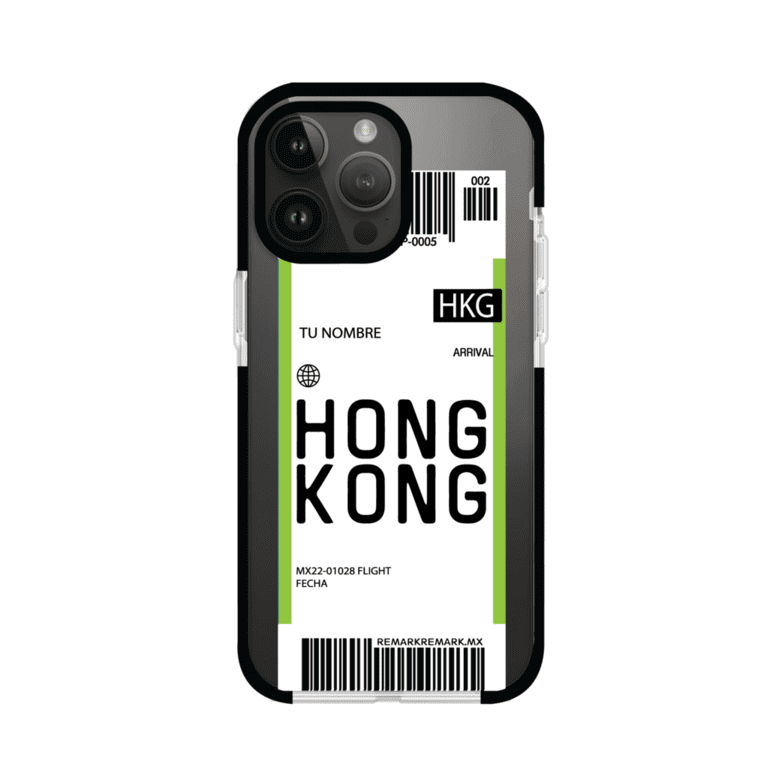 Funda personalizada estilo pase de abordar con diseño de Hong Kong y código HKG, personalizable con nombre y datos de vuelo; producto de Remark MX para iPhone