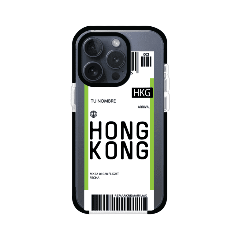 Funda personalizada estilo pase de abordar con diseño de Hong Kong y código HKG, personalizable con nombre y datos de vuelo; producto de Remark MX para iPhone