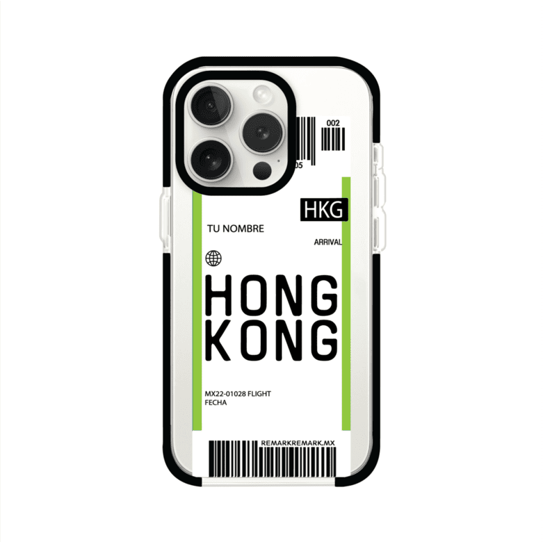 Funda personalizada estilo pase de abordar con diseño de Hong Kong y código HKG, personalizable con nombre y datos de vuelo; producto de Remark MX para iPhone