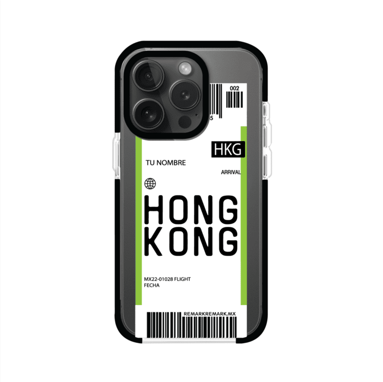 Funda personalizada estilo pase de abordar con diseño de Hong Kong y código HKG, personalizable con nombre y datos de vuelo; producto de Remark MX para iPhone