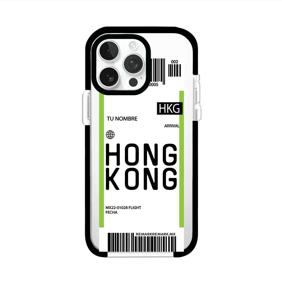 Funda personalizada estilo pase de abordar con diseño de Hong Kong y código HKG, personalizable con nombre y datos de vuelo; producto de Remark MX para iPhone