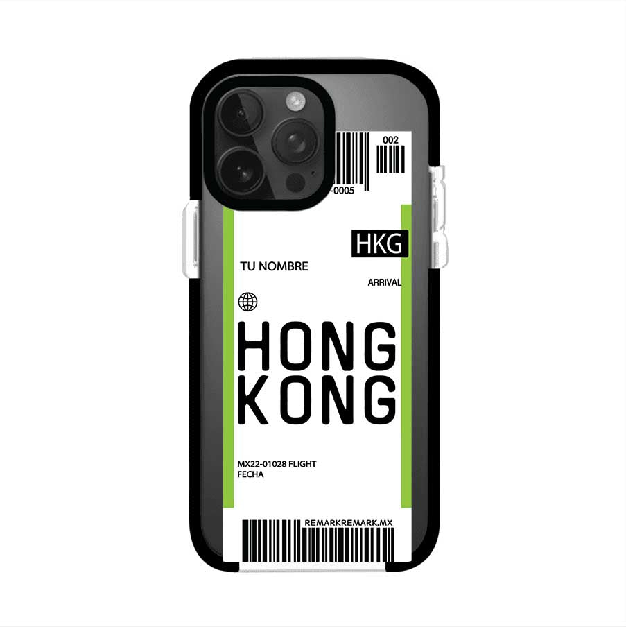 Funda personalizada estilo pase de abordar con diseño de Hong Kong y código HKG, personalizable con nombre y datos de vuelo; producto de Remark MX para iPhone