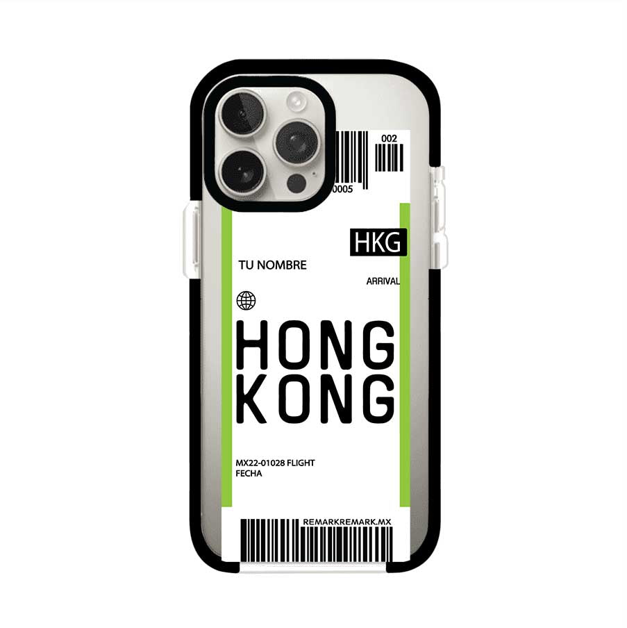 Funda personalizada estilo pase de abordar con diseño de Hong Kong y código HKG, personalizable con nombre y datos de vuelo; producto de Remark MX para iPhone