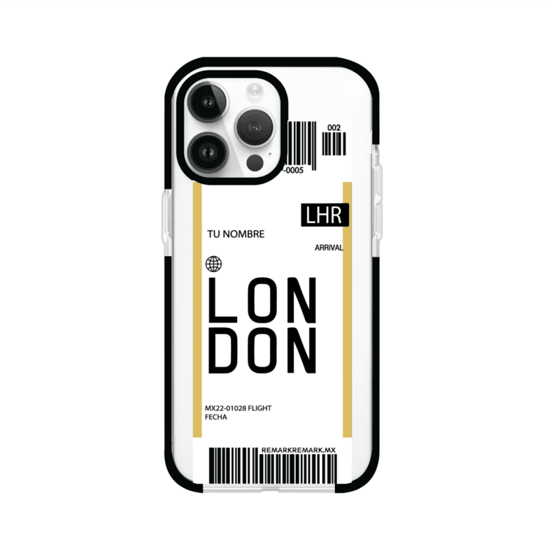 Funda personalizada estilo pase de abordar con diseño de Londres y código LHR, personalizable con nombre y datos de vuelo; producto de Remark MX para iPhone