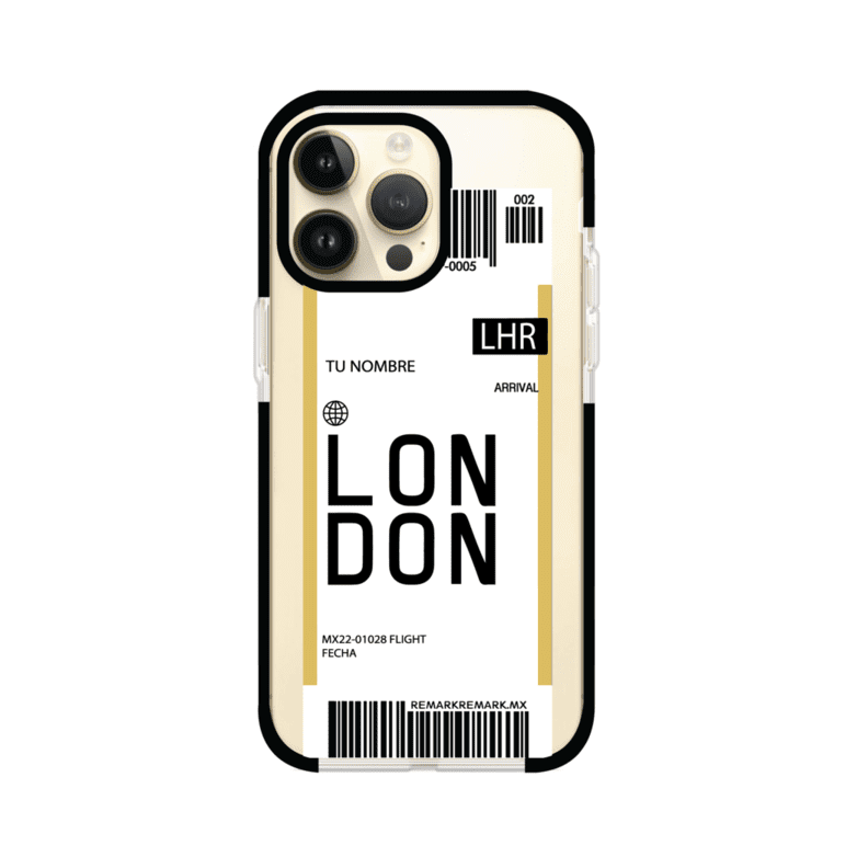Funda personalizada estilo pase de abordar con diseño de Londres y código LHR, personalizable con nombre y datos de vuelo; producto de Remark MX para iPhone