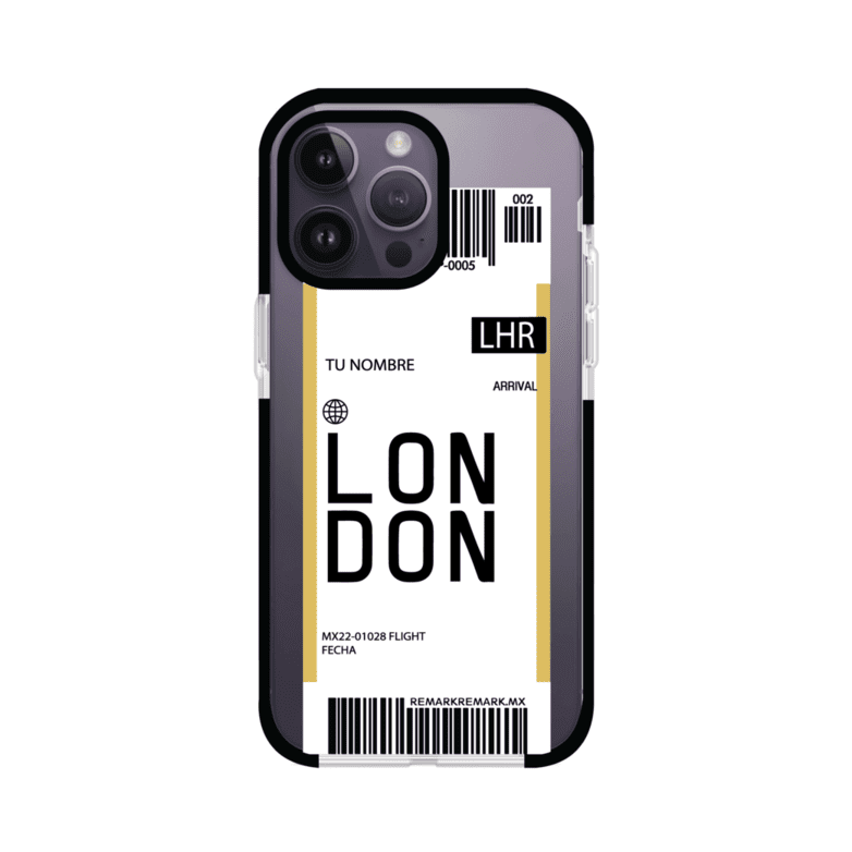 Funda personalizada estilo pase de abordar con diseño de Londres y código LHR, personalizable con nombre y datos de vuelo; producto de Remark MX para iPhone